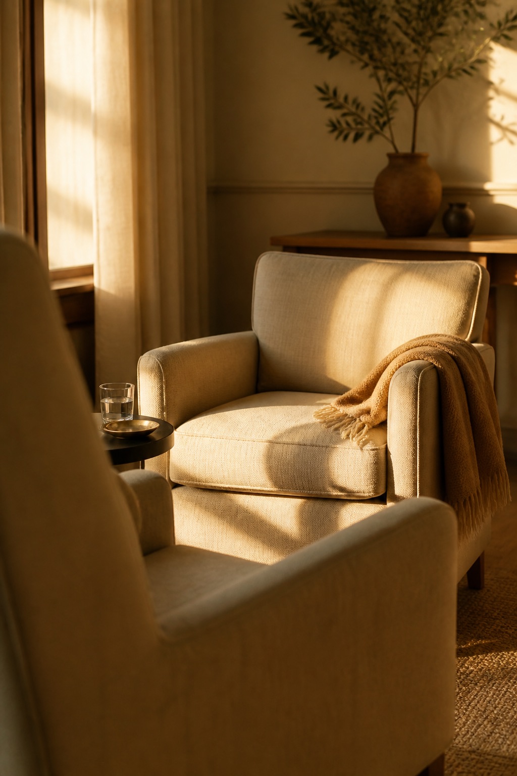 Two chairs facing each other in afternoon light