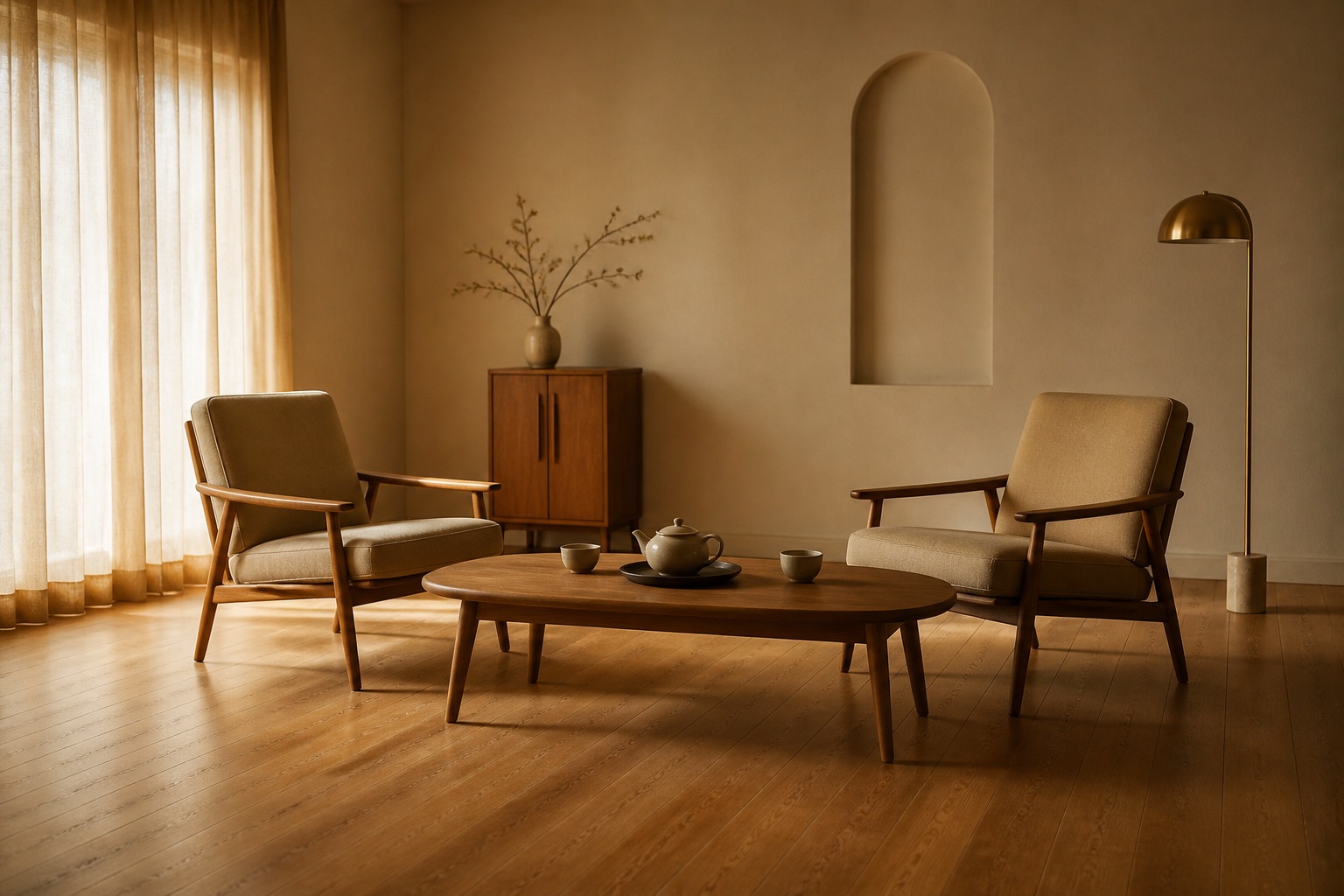 A sitting room prepared for a visitor, two chairs and afternoon light
