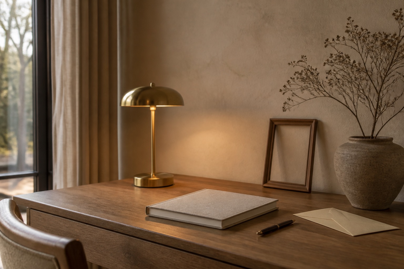 A quiet desk with a designated notebook and lamp