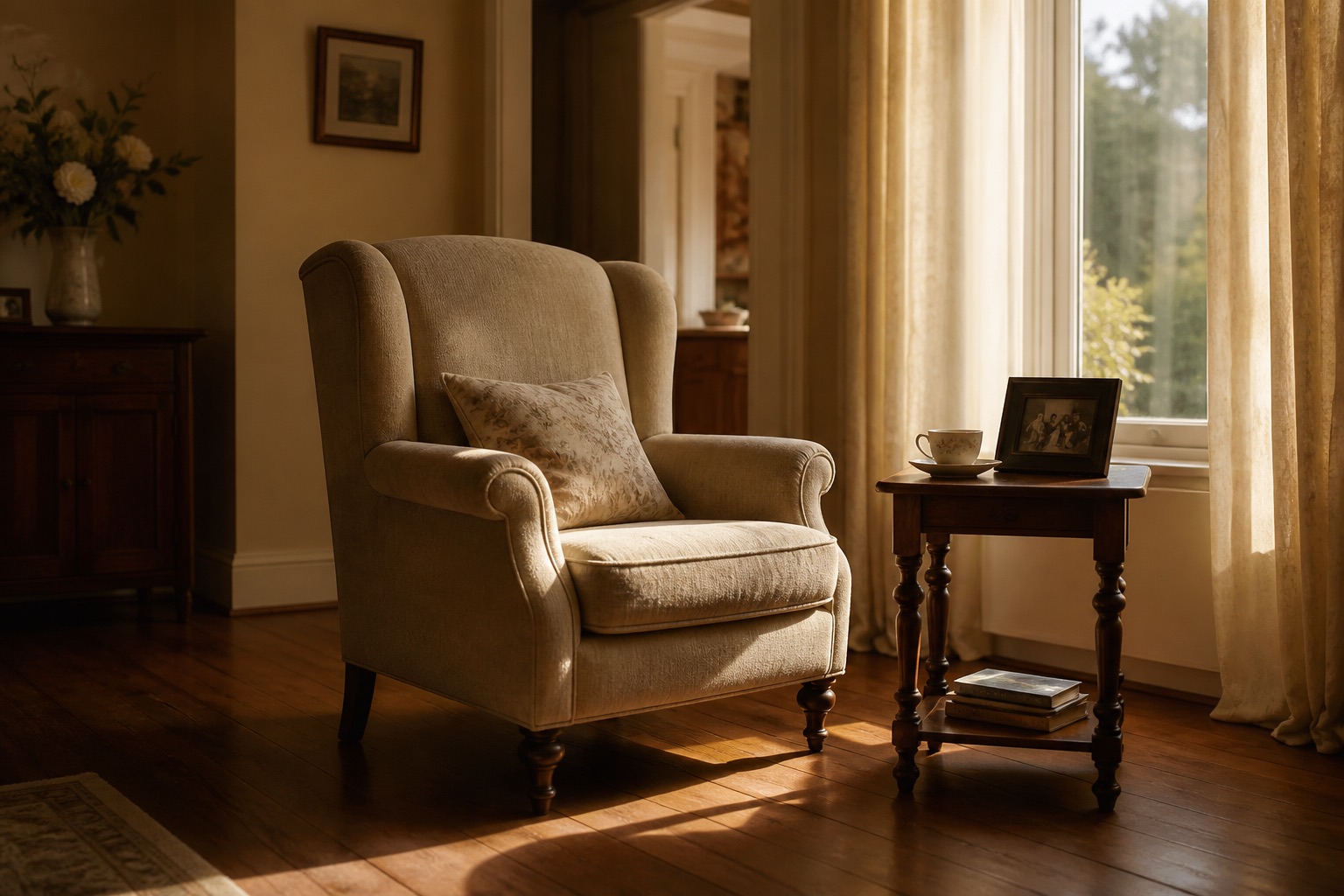 A quiet sitting room in late afternoon light