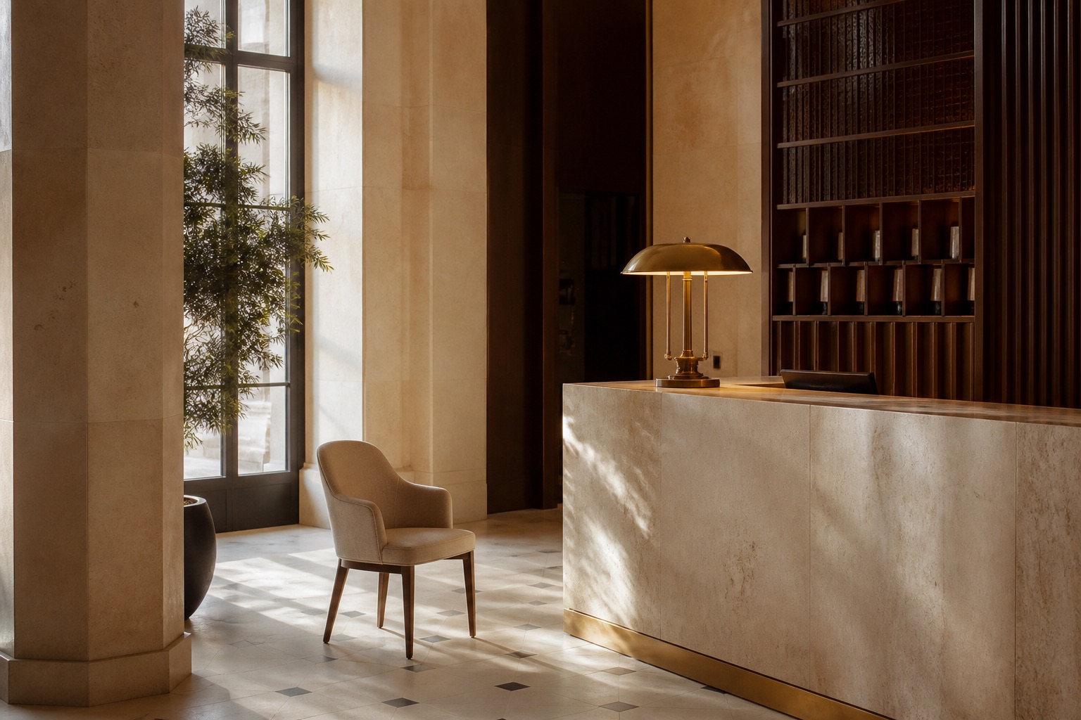 A quiet hotel lobby and reception desk in afternoon light
