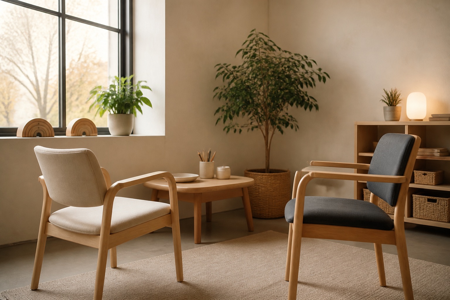 Two chairs facing each other in a calm training room
