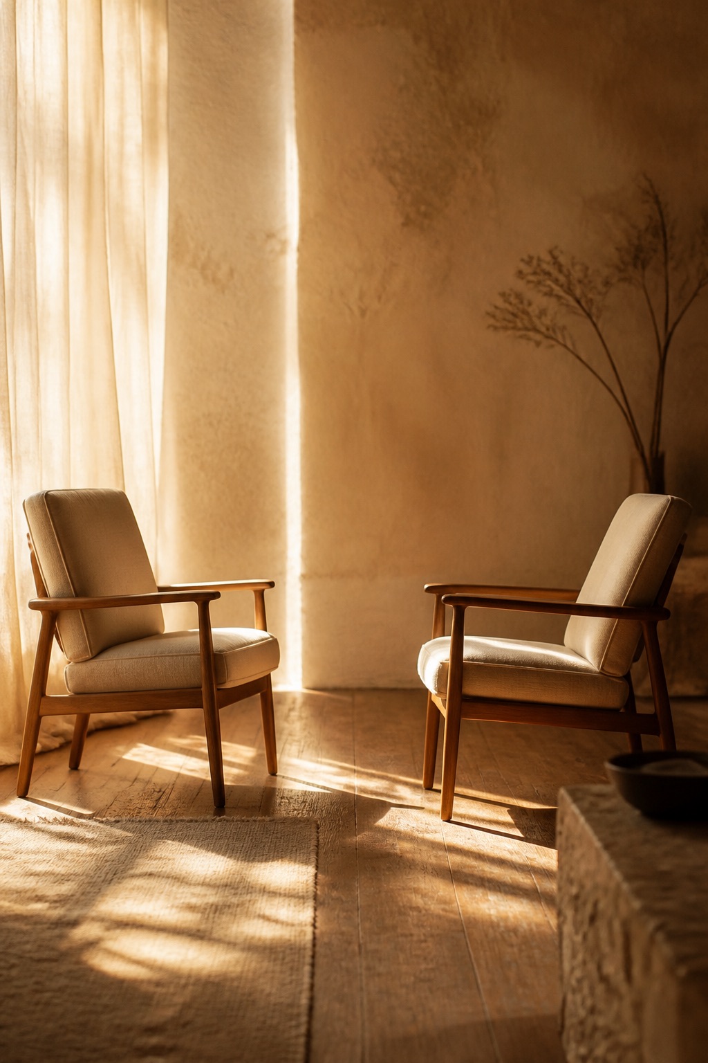 Two chairs facing each other in a quiet sunlit room