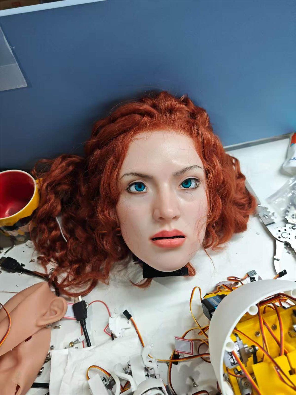 A red-haired study head on the bench among wires, a spare ear and tools