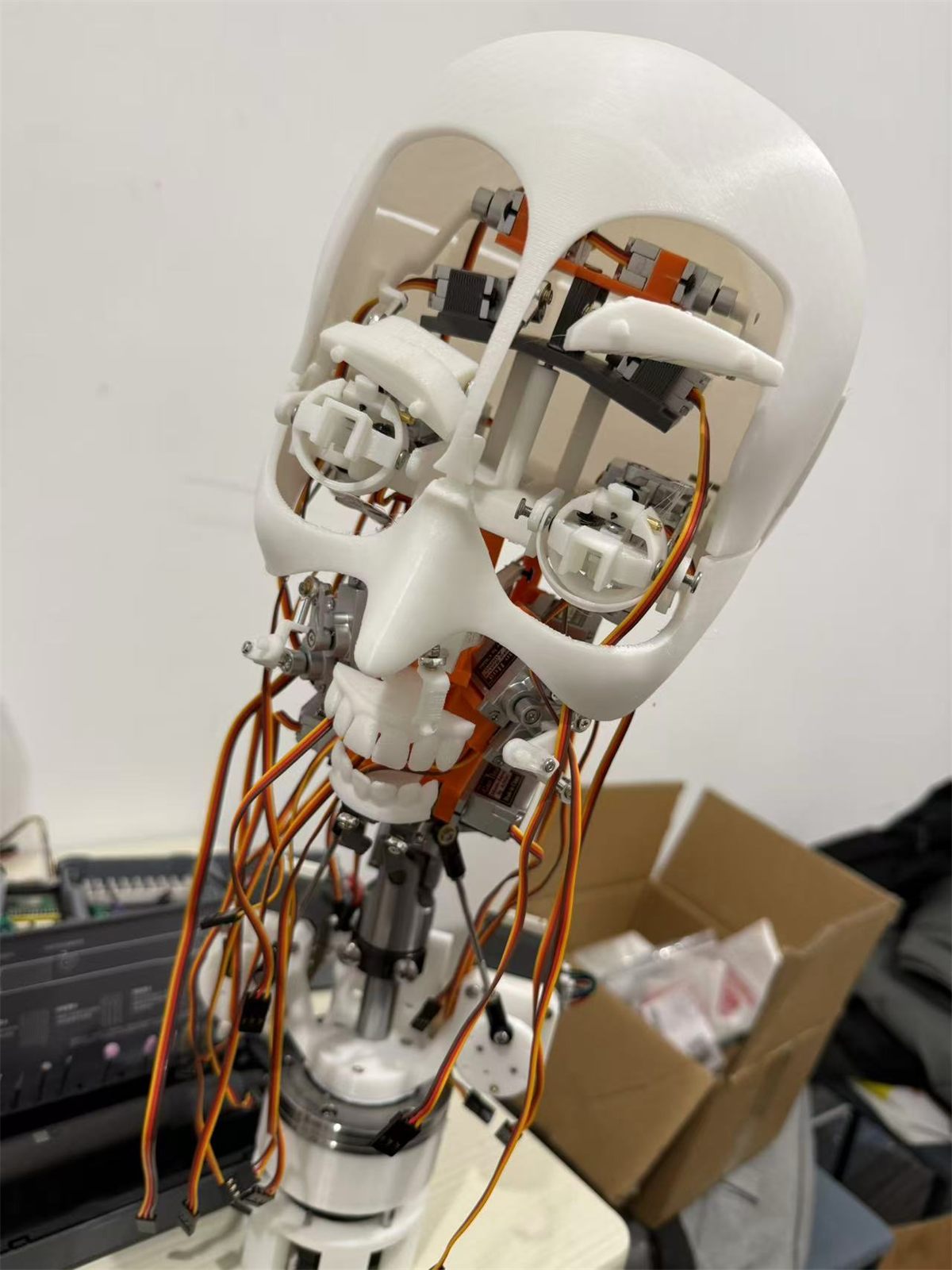 White printed skull packed with servos, teeth and a bundle of ribbon cable
